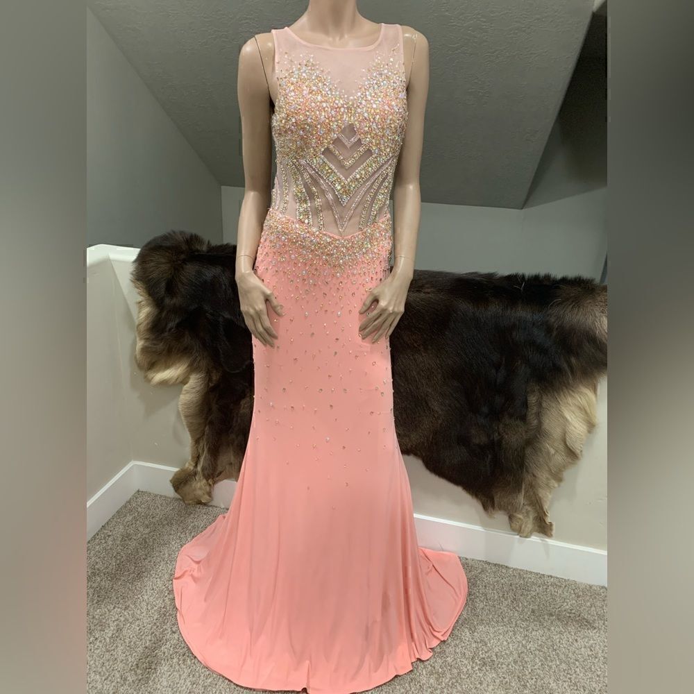 New Stunning Heavily Jeweled Cut Out Back Evening Dress